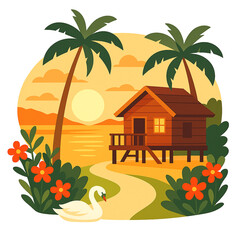 Sunset Swan & Tropical Hut