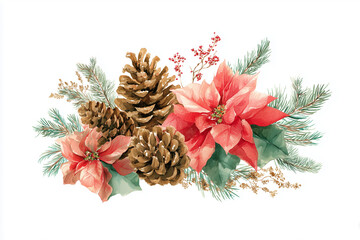 A Christmas festive floral arrangement featuring poinsettia flowers and pine cones