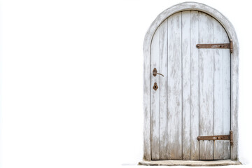 An old wooden door with an arch, weathered and rustic, invites curiosity and a sense of mystery. Featuring an aged handle and hinges, it offers a glimpse of a bygone era.
