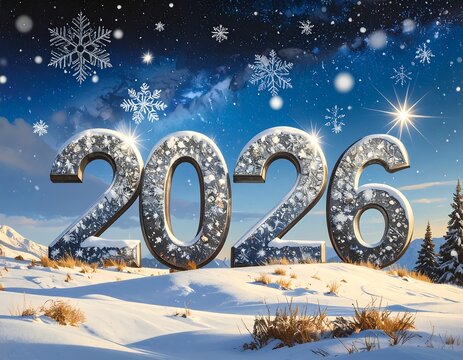 Snowy mountain scene with 2026 - Powered by Adobe