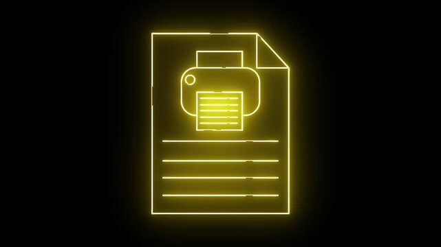 A glowing neon yellow document with printer icon on black background