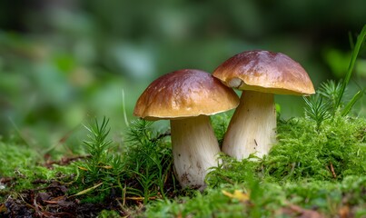 two brown cap boletus mushrooms growing in the forest, the background is green grass with moss around them