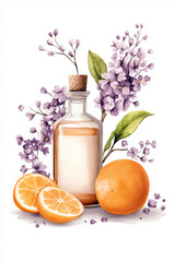 An artistic composition featuring a glass bottle with fresh oranges and purple flowers