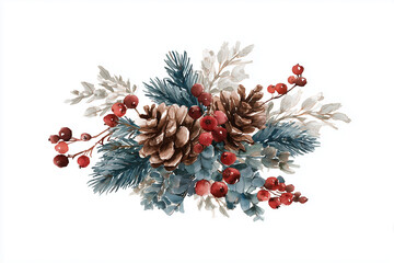 A festive composition of pinecones and berries, perfect for the holiday season. The arrangement exudes warmth and cheer, ready to bring the spirit of celebration
