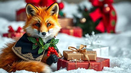 A festive fox with piercing yellow eyes and soft, fluffy orange fur, wearing a luxurious miniature 3