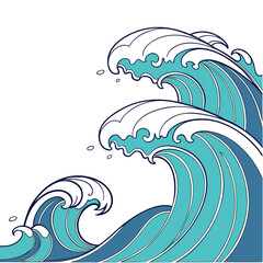 Stylized illustration of crashing ocean waves in shades of blue and white with dark blue outlines against a white background