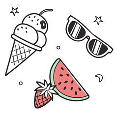 Whimsical summer icons featuring ice cream cone watermelon slice strawberry and sunglasses on white background