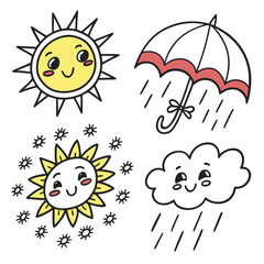 Cute cartoon sun with rays happy cloud raining and umbrella protecting from raindrops