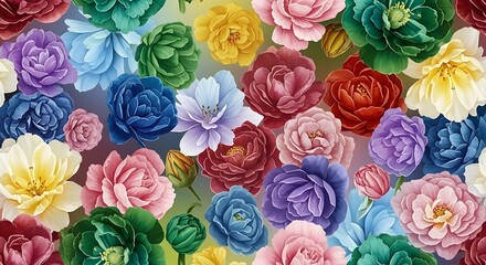 Vibrant and colorful assortment of artificial fabric roses creating a beautiful floral background pattern