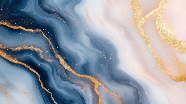 Elegant abstract liquid marble texture with flowing blue and white waves highlighted by shimmering golden veins, smooth flowing, creating a luxurious, modern, sophisticated artistic background design.