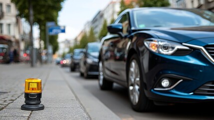 City street parking with emergency light flashing near parked cars suggesting caution and safety concerns for pedestrians and drivers alike