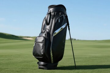Black Golf Bag Mockup on Golf Course with Blue Sky Background for Sports Branding