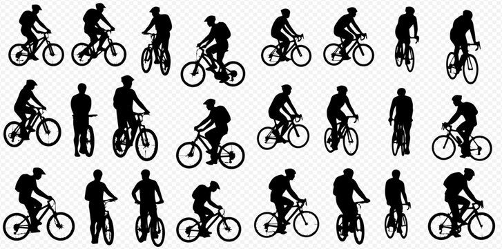A collection of black silhouettes showing cyclists and bicycles in various poses and actions against a transparent background.