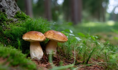 two brown cap boletus mushrooms growing in the forest, the background is green grass with moss around them