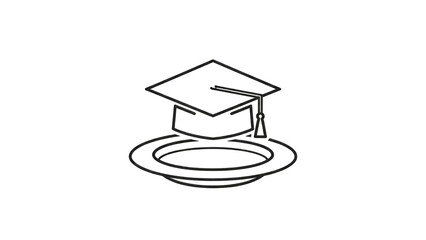 Minimalist line art icon of a graduation cap resting on a plate, symbolizing knowledge or food for thought.