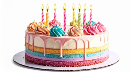 Vibrant layered birthday cake with nine lit candles and colorful frosting swirls.