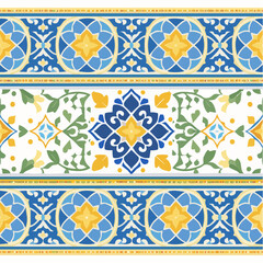 A seamless Moroccan Andalusian Zellige border pattern with colorful geometric frames. Ideal for architecture, packaging, and ornamental branding.