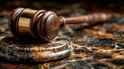 Dramatic gavel resting on marble conveys serious legal matters and judicial authority with rich wood and stone textures for legal professionals