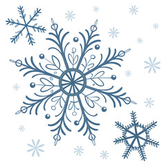 Delicate blue snowflakes with intricate patterns falling gently against a clean white background