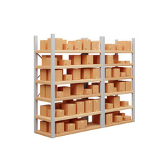 3D Rendering of Warehouse Shelf with Cardboard Boxes. Ecommerce Logistics Shipping and Delivery Concept on Black Background.