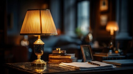 Elegant gold lamp illuminates a classic desk with books and a pen, perfect for creating a timeless and sophisticated ambiance in interior designs