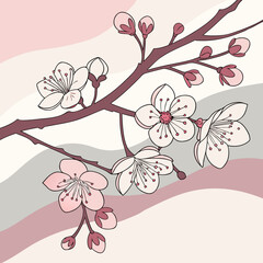 Delicate pink cherry blossoms and buds on a branch with abstract wavy background in soft pastel colors