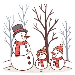 Three cheerful snowmen with hats and scarves stand in a snowy forest with bare trees on a winter day