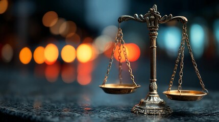 Intricate scales of justice shimmer with golden light, symbolizing legal balance and fairness in a captivating and timeless manner