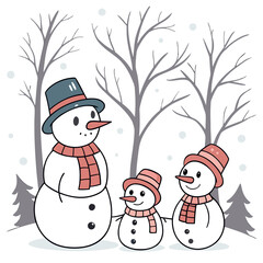 Three happy cartoon snowmen wearing hats and scarves stand together in a snowy forest with bare trees