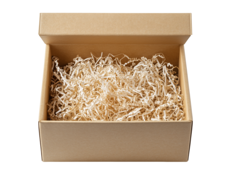Open cardboard box filled with shredded paper for packaging