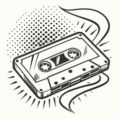 Retro cassette tape with pop art halftone dots and radiating lines in a stylized graphic illustration