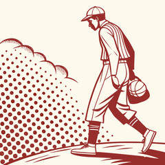 Retro baseball player walking away from the game holding his baseball and looking dejected with a comic book style background