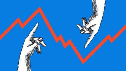 Modern collage of sketch hands pointing up and down with red zigzag market trends line. Business growth, financial, data analytics, economic design. Retro hand drawn vector illustration.