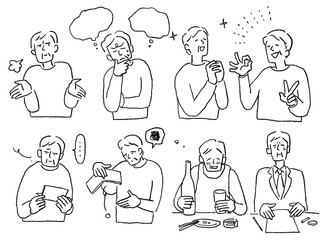 シニア男性の感情セットB、線画