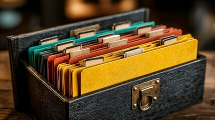 Organized filing system for business documents and records with colorful tabs in a vintage wooden box, ideal for archiving and information management