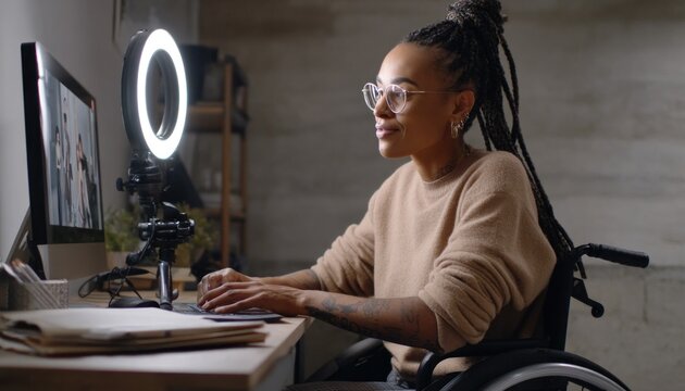 Content creator working from home in wheelchair using ring light and computer