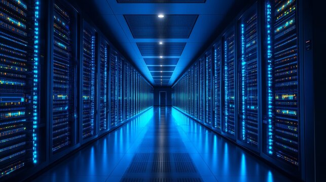 A futuristic data center corridor filled with glowing blue server racks illuminated by modern lights, technology, artificial intelligence, cloud storage, big data, machine learning and innovation.