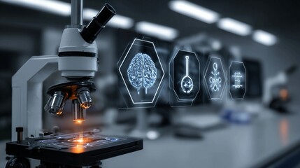 Advanced medical research with microscope and futuristic interface for cutting edge science and innovative healthcare solutions in laboratory setting