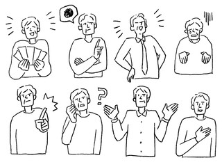 シニア男性の感情セットA、線画