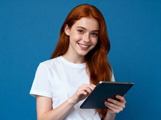 Fototapeta premium Smiling young redhead woman interacts with a digital tablet on blue background.