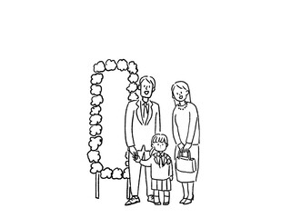 入園式、卒園式、お祝い、式典で記念撮影する親子、線画