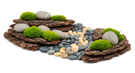 Moss and stones arrangement isolated on white background