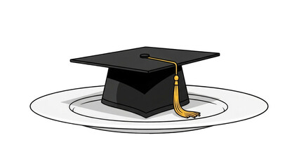 Graduation cap with a gold tassel sits on a white plate, symbolizing education as a meal or a course of study.