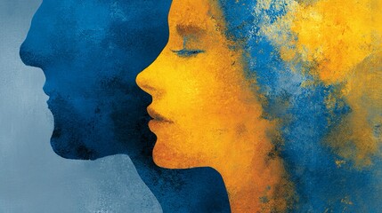 Contemplative portrait with a serene mood in modern blue and gold abstract, perfect for artistic projects or conveying introspective themes