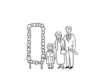入園式、卒園式、お祝い、式典で記念撮影する親子、線画