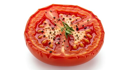 Close-up of a fresh, juicy red tomato covered in water droplets, isolated on white background