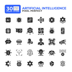 Artificial intelligence glyph ui icons set. Data processing, management. Cloud infrastructure. Black solid symbols vector iconset. User interface flat elements collection, pixel perfect