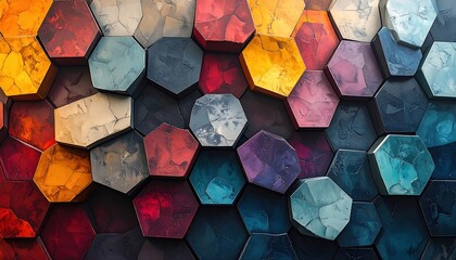 Intricate geometric pattern featuring a mosaic of hexagonal shapes showcasing a variety of vibrant colors including yellow, red, blue, and purple with a textured surface, creating a sense of depth...