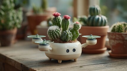 Quirky cactus drone planter with blooming flowers on rustic wood table evokes futuristic gardening and whimsical home decor trends now!