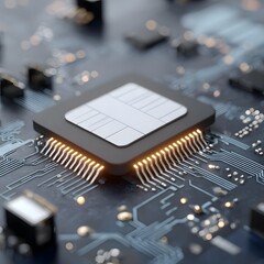 Detailed ro shot of a glowing semiconductor processor chip on a complex electronic circuit board showcasing intricate pathways and illuminated pins